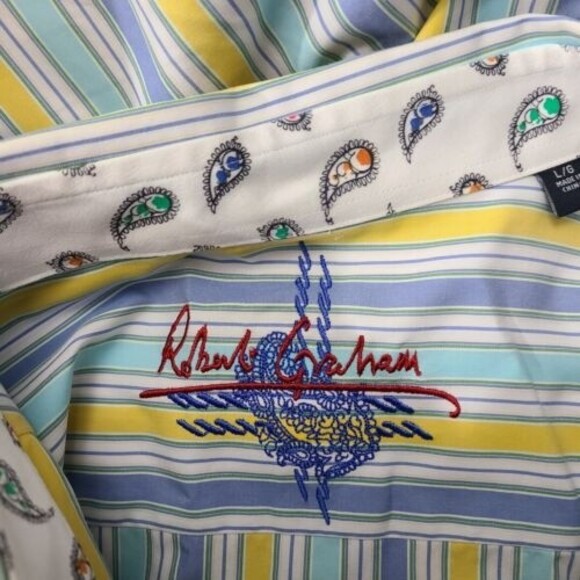 Robert Graham Yellow And Blue Striped Button Down Shirt Mens Size Large - Picture 5 of 6